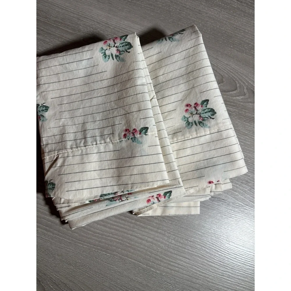 Vintage Floral Stripe Pillowcase Set of 2 Cottagecore Shabby Chic Cream Pink